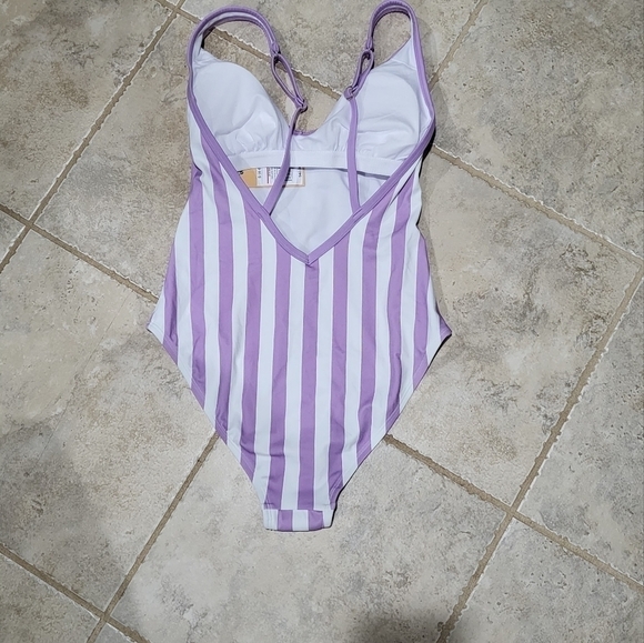 Kona Sol White and Purple striped one-piece swimsuit - Picture 2 of 2